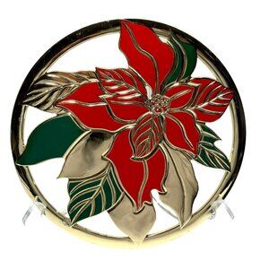 Vintage Brass Poinsettia Trivet Wall Hanging Holiday Colors Polished Gold Finish